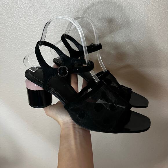 Zara Black Mesh Polka Dot Cylinder Block Colour Heels WOMENS 41 - Picture 3 of 9